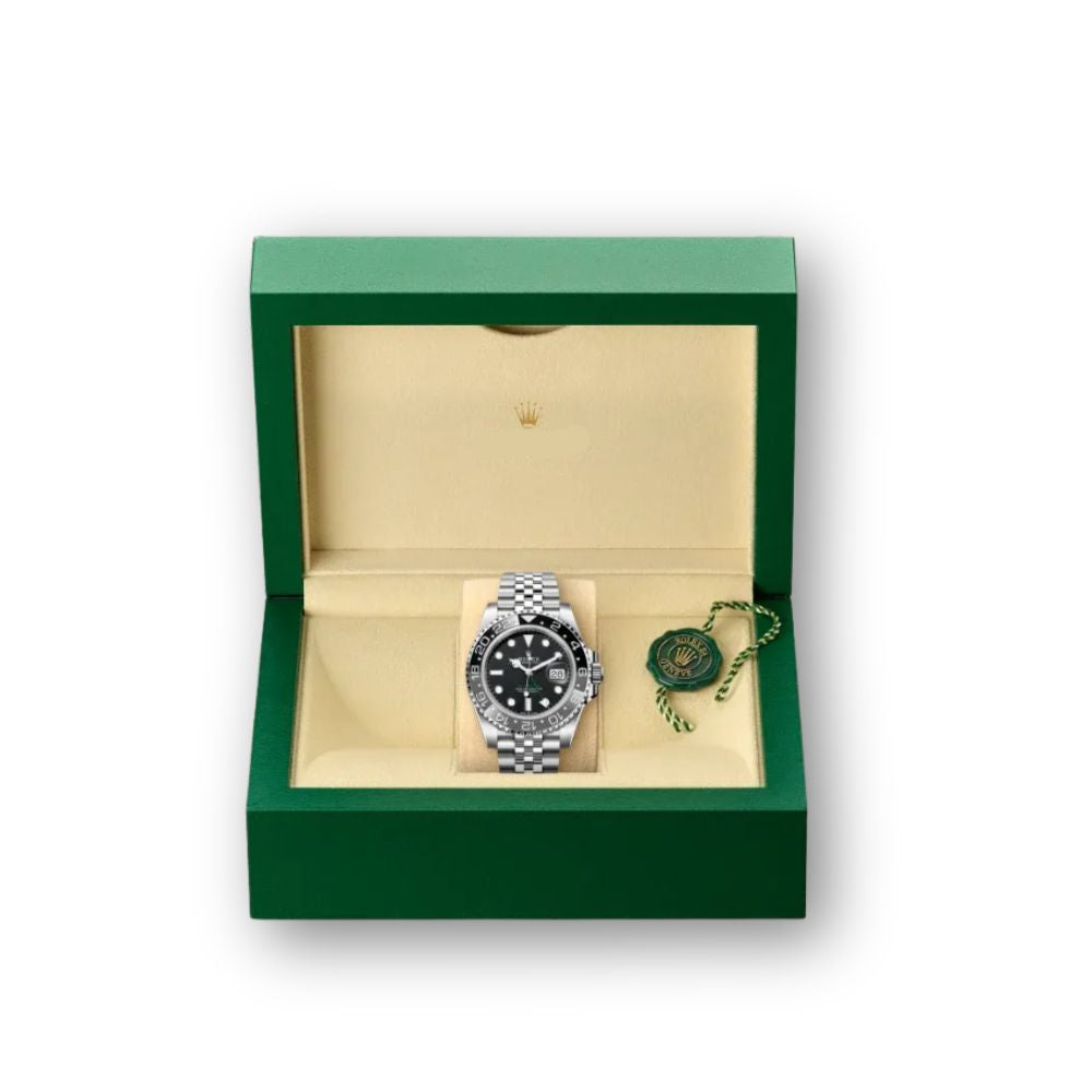 GMT-Master II 40mm in Oystersteel mit schwarzer und grauer Lünette